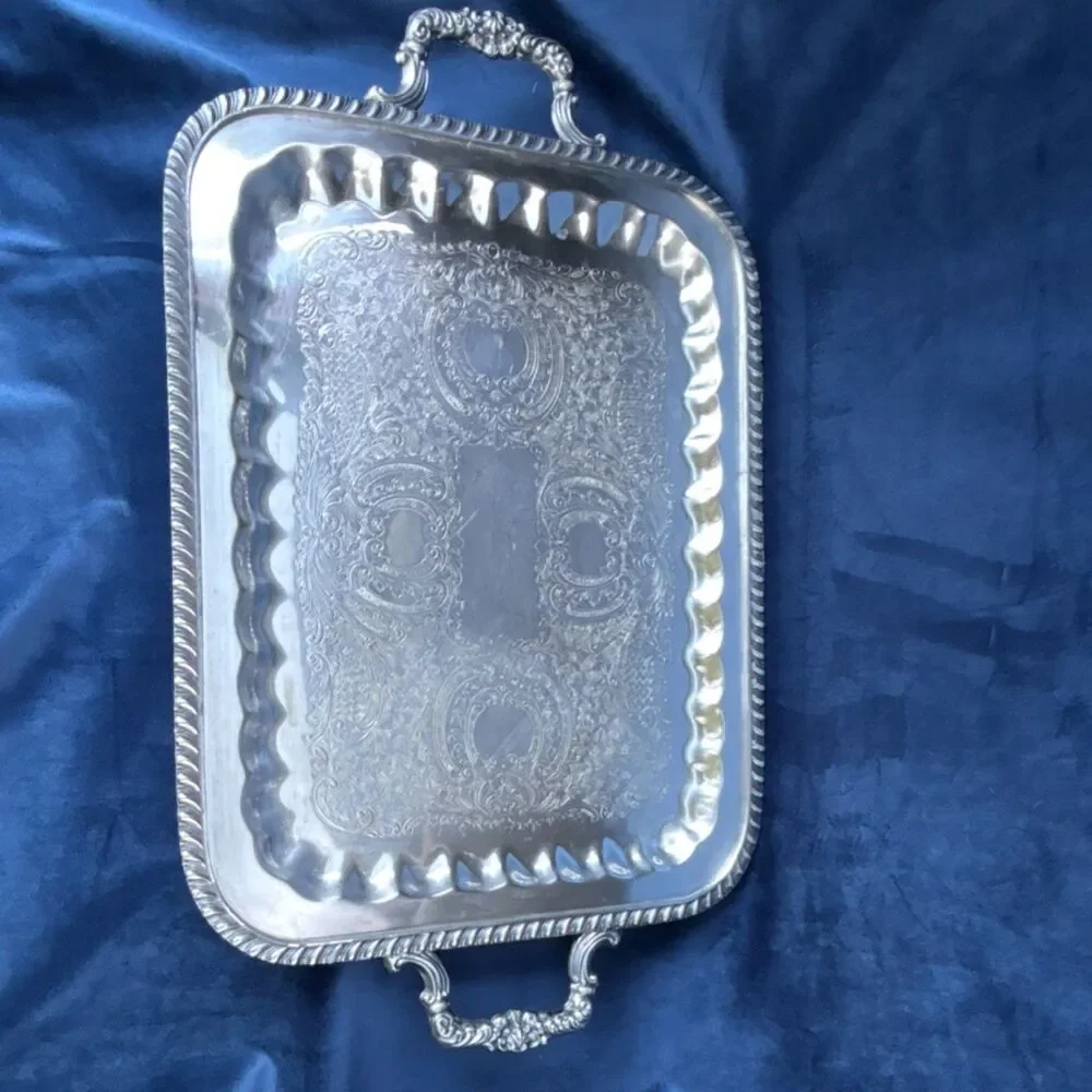 Vintage F.B. Rogers Silver Co 1460 Silver on Copper Serving Tray wOrnate Handles